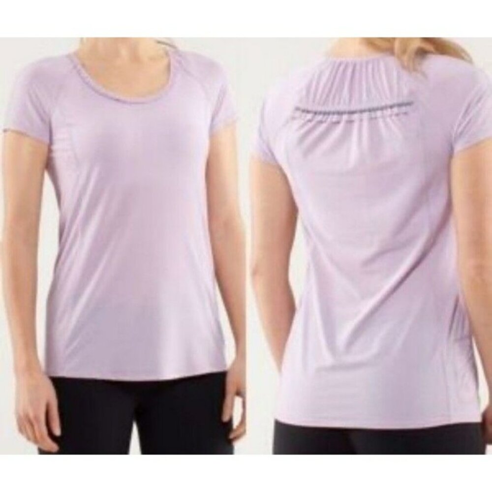 Lululemon Women Run Wild short sleeve shirt top Sz 4 lavender rose quartz ruffle